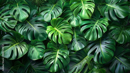 Green monstera leaves in tropical forest plant, nature background Dark green foliage texture of Monuits ornamental home garden