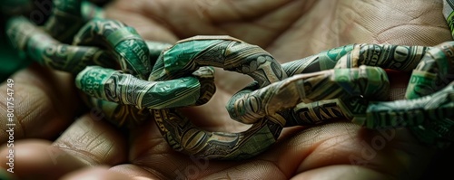 Macro shot of a hand with a chain made of banknotes tightly wrapped around, emphasizing the tight bond between humans and money, detailed, lifelike ,high definition, photo