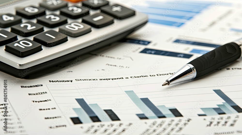Close up of a calculator and financial documents, focus on planning for future savings Close up of a calculator and financial documents, focus on planning for future savings
