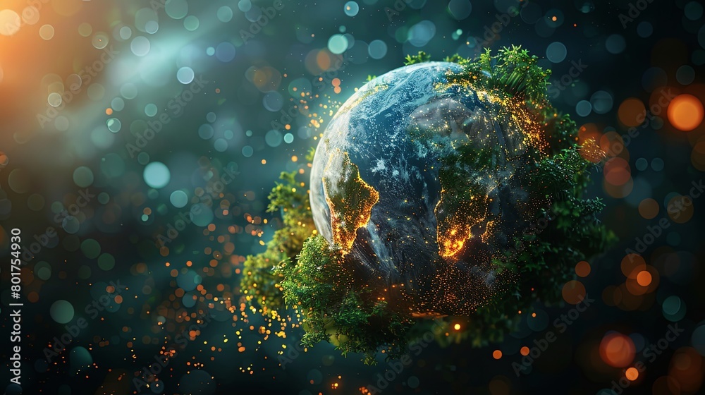 A digital artwork of Earth depicting contrasting vibrant green life and fiery orange destruction, symbolizing climate change.