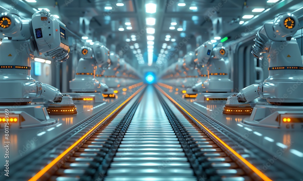 Hannover, Germany, Marcin Teluskis style, white robotic arms on a conveyor belt in a modern factory with blue lighting, photorealistic