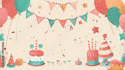 Festive birthday party backdrop with balloons and cakes