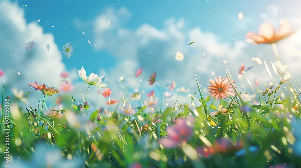 flowers spring outing It features white clouds and green grass using a soft gradient color scheme. The weather is bright and sunny. Create a dreamy atmosphere