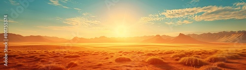 The sunrise in the grasslands of the Sahara illuminates the arid terrain with a breathtaking golden hue, a truly magnificent spectacle to behold. Generated by AI. photo