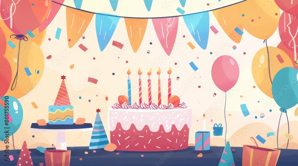 Vibrant birthday celebration with cake and balloons Vibrant birthday celebration with cake and balloons