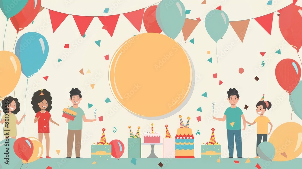 Animated friends celebrate with balloons cake and gifts at a cheerful party Animated friends celebrate with balloons cake and gifts at a cheerful party