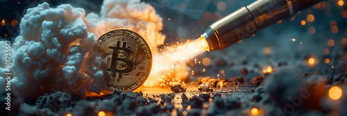 fire in the water,
 Bitcoin to the moon concept with the rocket symb photo