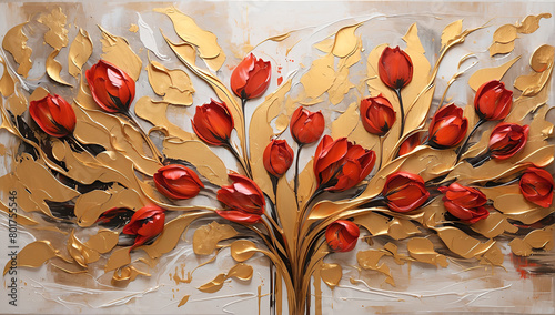 Colorful floral arrangement of flowers using red and yellow acrylic paints