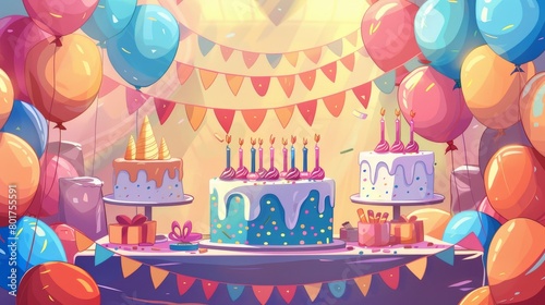 Vibrant birthday party setting with cakes balloons and gifts