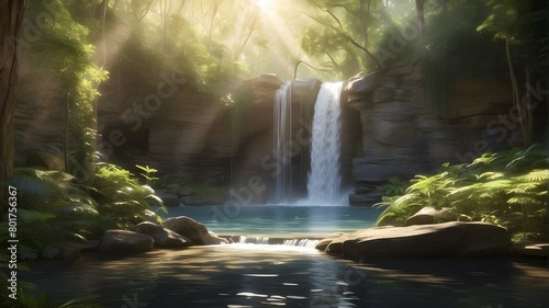 A waterfall spills over a rocky ledge  its crystalline waters catching the sunlight in a dazzling display. Surrounding foliage flourishes in the misty air  adding to the lushness of the scene.