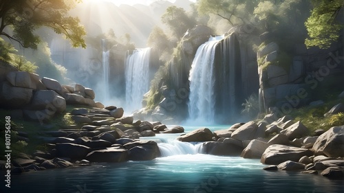  A waterfall spills over a rocky ledge, its crystalline waters catching the sunlight in a dazzling display. Surrounding foliage flourishes in the misty air, adding to the lushness of the scene.