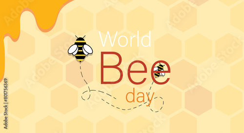 World bee day vector design. Background template white honeycomb pattern and bee illustration