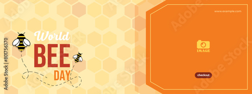 World bee day vector design. Banner template white honeycomb pattern and bee illustration