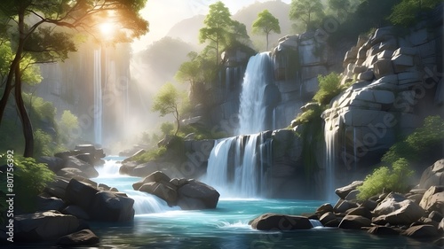  A waterfall spills over a rocky ledge, its crystalline waters catching the sunlight in a dazzling display. Surrounding foliage flourishes in the misty air, adding to the lushness of the scene.