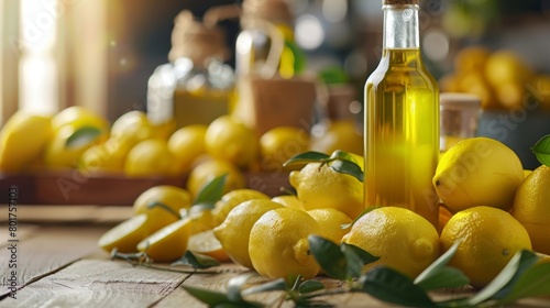 A pile of vibrant yellow lemons and a bottle of organic coldpressed lemon infused oil perfect for adding zing to dishes.