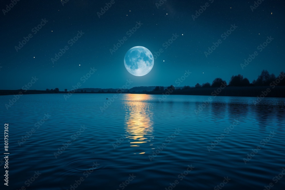 night summer lake, starry clear sky, full moon