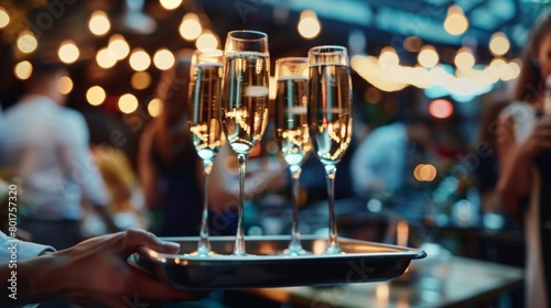 A server carries a tray of champagne glasses through the crowded space offering refreshments to guests.