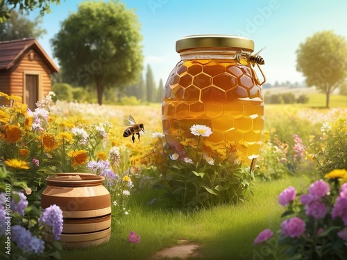 Design of a jar of honey bees with artificial intelligence in different shapes in flower gardens