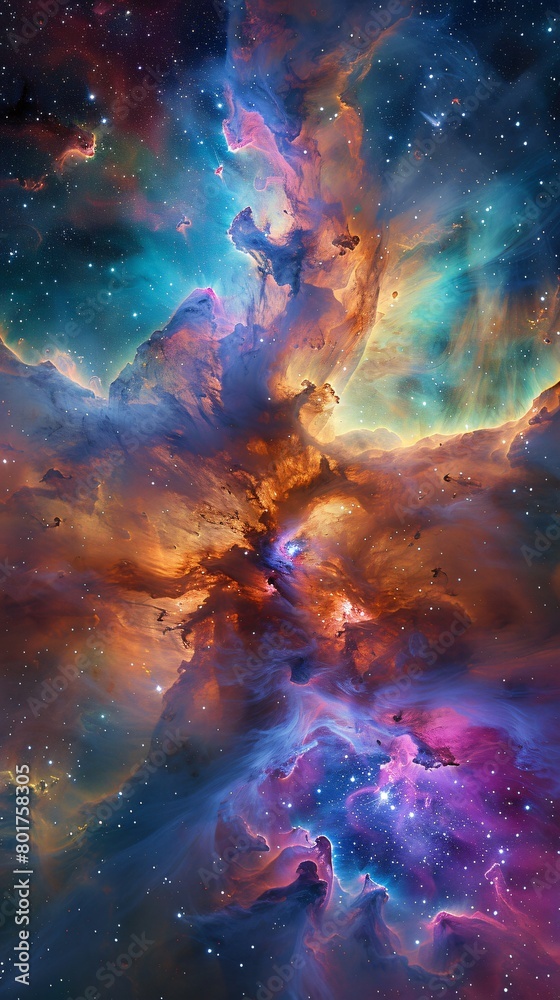 Nebula Glow, An explosion of colorful cosmic dust fills the sky, blending into a vibrant nebula of blues, purples, and reds, capturing the beauty and vastness of the universe.