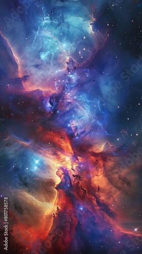 Nebula Glow, An explosion of colorful cosmic dust fills the sky, blending into a vibrant nebula of blues, purples, and reds, capturing the beauty and vastness of the universe.