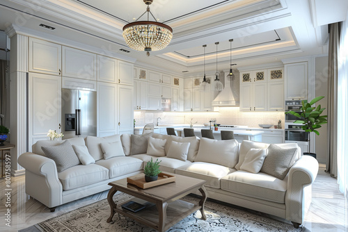 Luxurious interior design living room and white kitchen. Open plan interior.