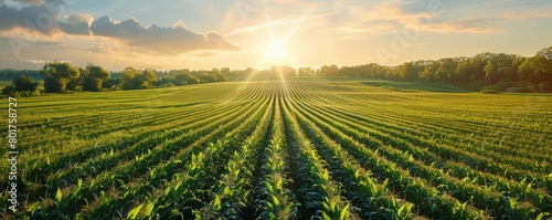 A lush green field of cornstalks stretches into the distance. The sun is setting behind the cornfield, casting a warm glow over the scene. photo