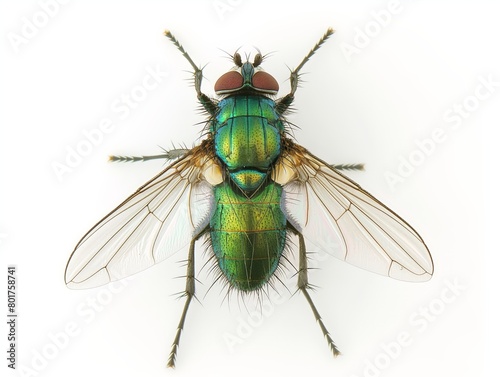 Close-up of a green fly with detailed iridescent body, compound eyes, and delicate wings against a white background.