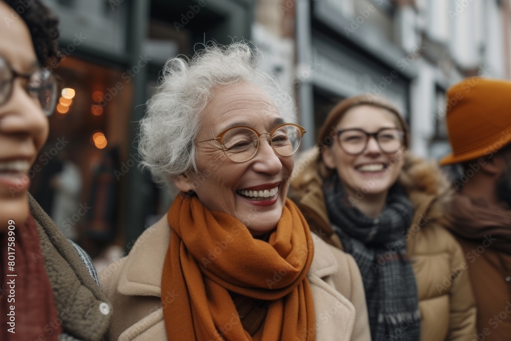 Smiling senior woman in eyeglasses looking at camera with friends in background