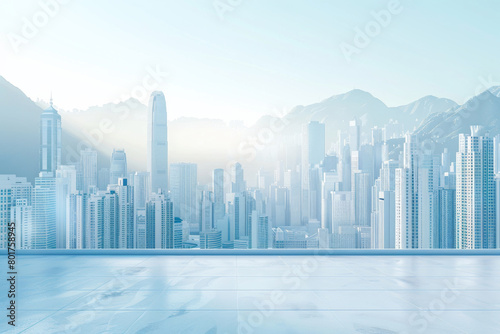 Illustrations of city buildings and distant mountains