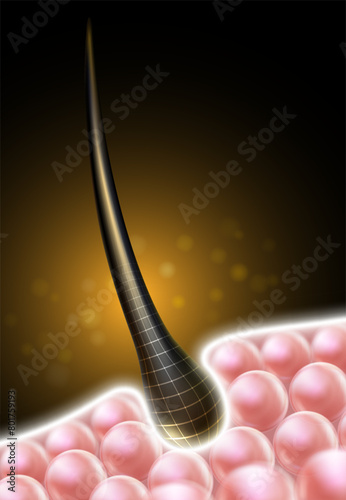 Close-up of hair at the skin cell level Used for advertising media for shampoo, hair conditioner, serum, hair dye, shaving machine. realistic vector illustration.