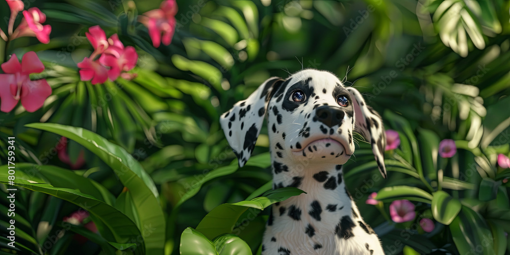 an adorable Dalmatian dog with pink flowers, generative AI an adorable Dalmatian dog with pink flowers, generative AI