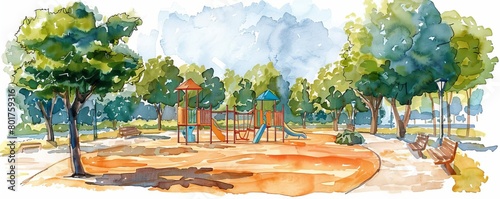 The image shows a rendering of a park with a playground