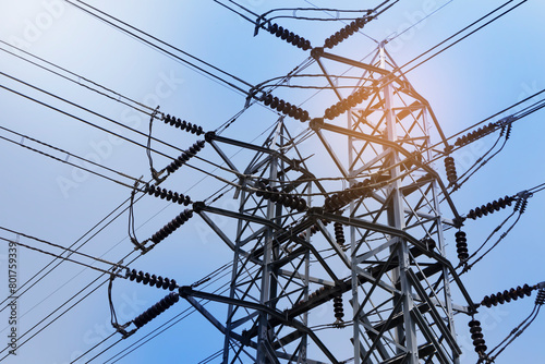 Large outdoor utility poles provide high-voltage electrical power.