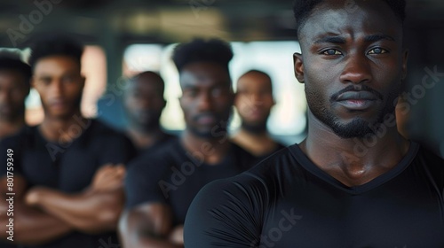 Strong African American individuals posing confidently with their arms crossed in front of the camera. Portrait of black men and women at a fitness center.