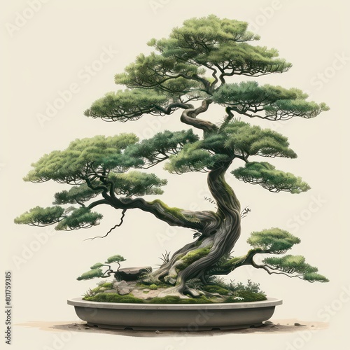 bonsai tree faded green outline at white background