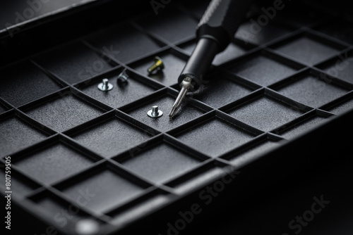 Torx drive bit and aluminum bit driver on black sorting tray. Screws and drive bits. Screwdriver handle with magnetic bit socket and knurled grip.