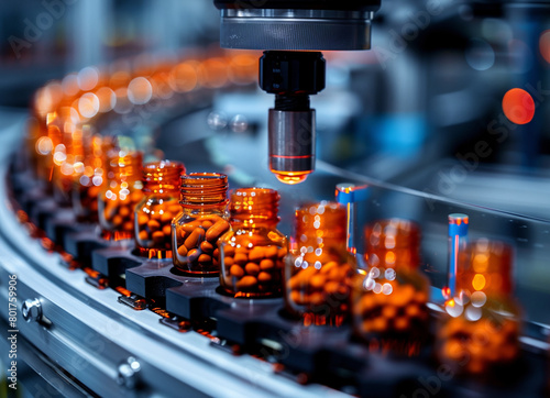 High-contrast images of pharmaceutical production lines, with close-ups on robotic arms and precise equipment