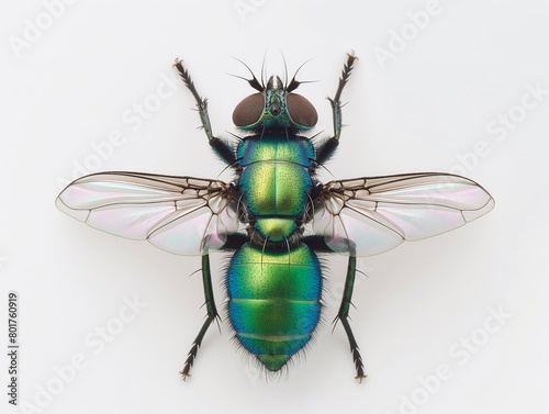 Detailed macro shot of a vibrant green fly with translucent wings on a white background. © cherezoff