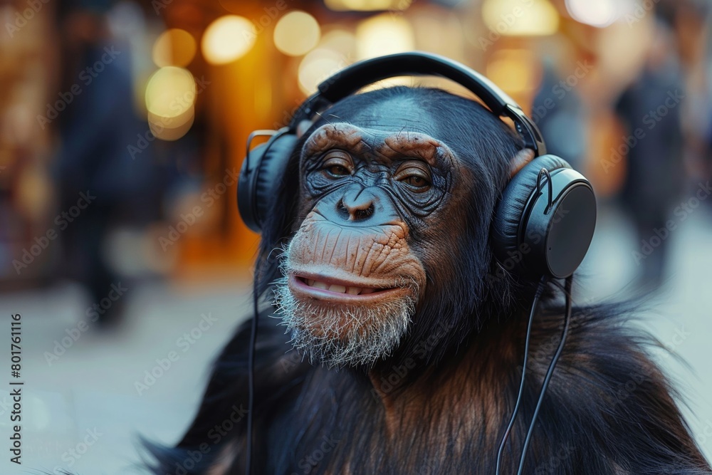 Joyful humanoid ape sporting a large grin and wearing headphones grooving to music on a vibrant city sidewalk, exuding a cool retro vibe and infectious charm. Joyful humanoid ape sporting a large grin and wearing headphones grooving to music on a vibrant city sidewalk, exuding a cool retro vibe and infectious charm.