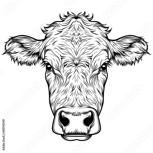 cow head draw line, black and white, white background