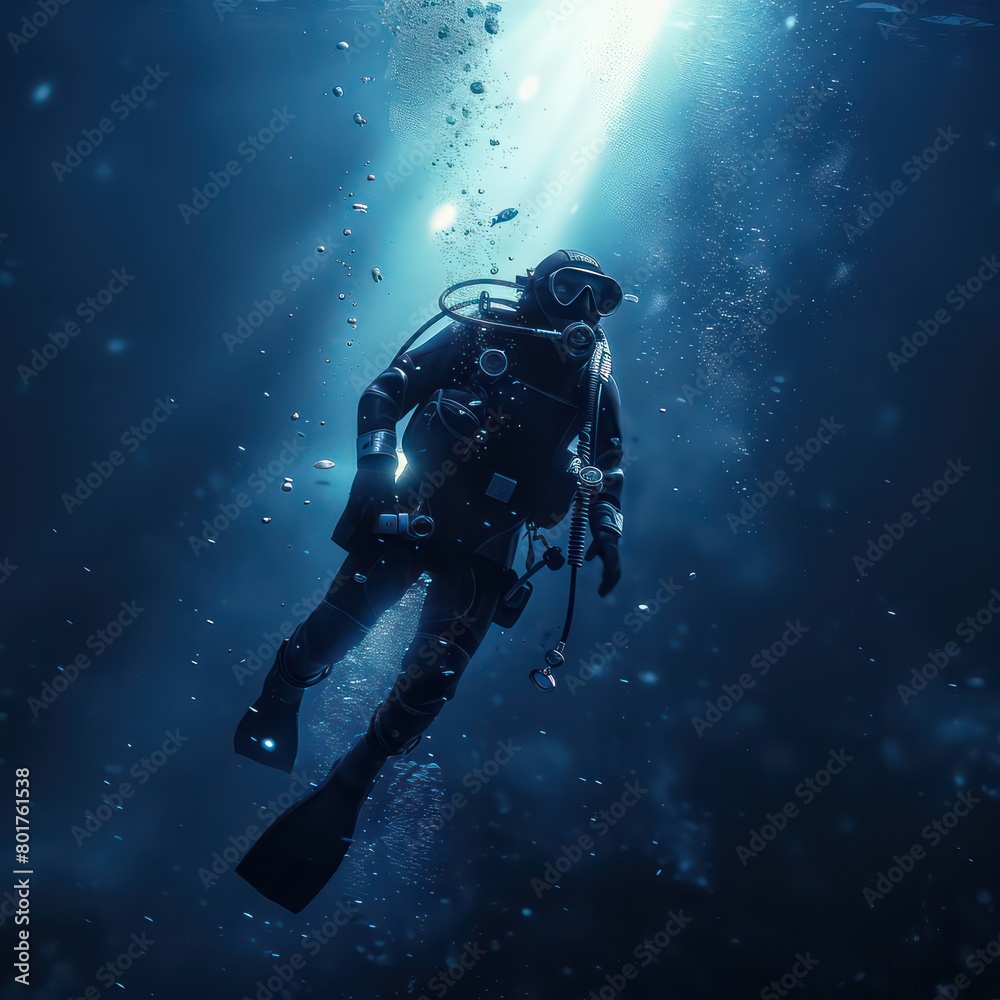diver in blue deep sea, dark blue water diver in blue deep sea, dark blue water