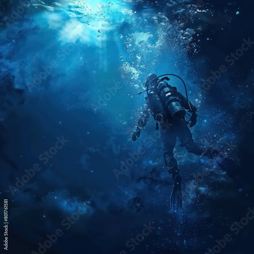  diver in blue deep sea, dark blue water