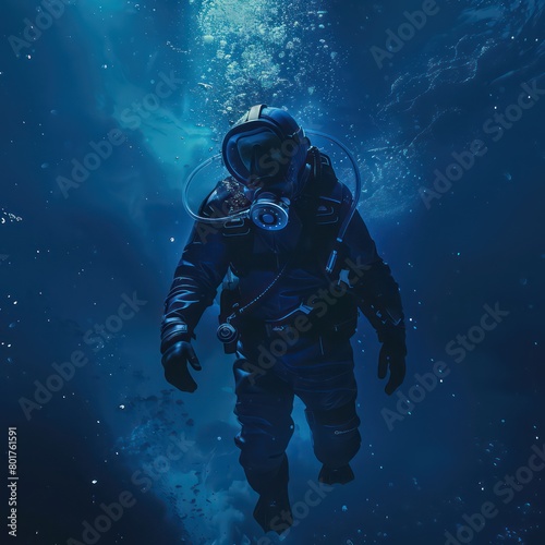  diver in blue deep sea, dark blue water © STOCKYE STUDIO