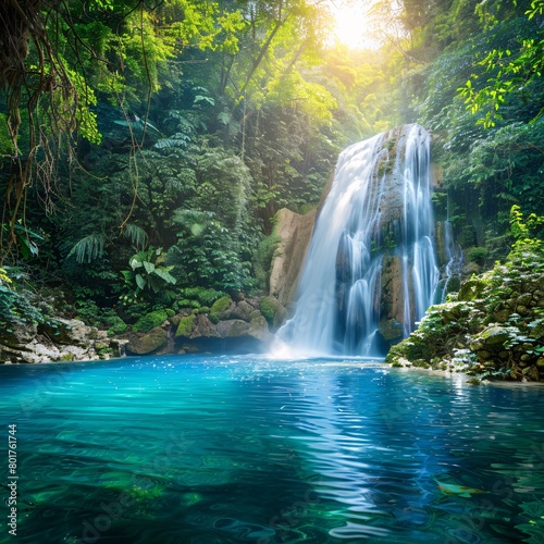 Pristine Waterfall Hidden in a Vibrant Rainforest, Perfect Spot for Yoga or Meditation