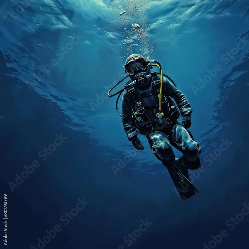  diver in blue deep sea, dark blue water