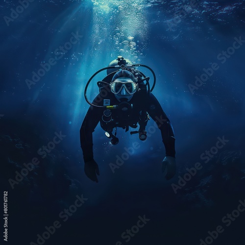  diver in blue deep sea  dark blue water