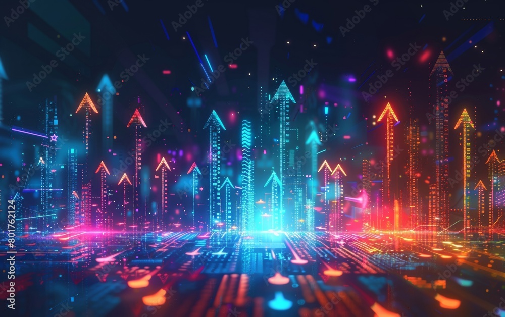 Obraz premium Futuristic growth arrow diagram represents digital innovation on a high-tech backdrop. Large scale data analysis drives financial progress in trading and investing. Graphic design for visuals.