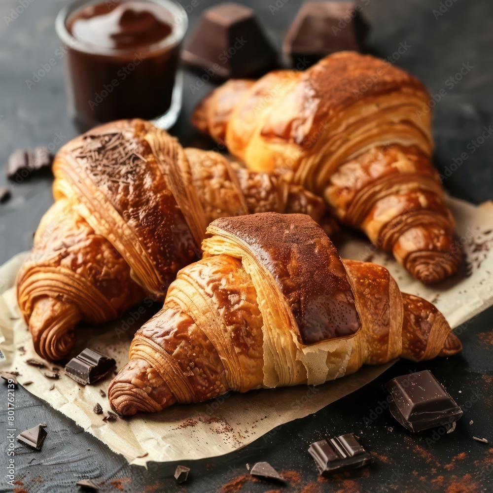 delicious croissants with chocolate on a plate 