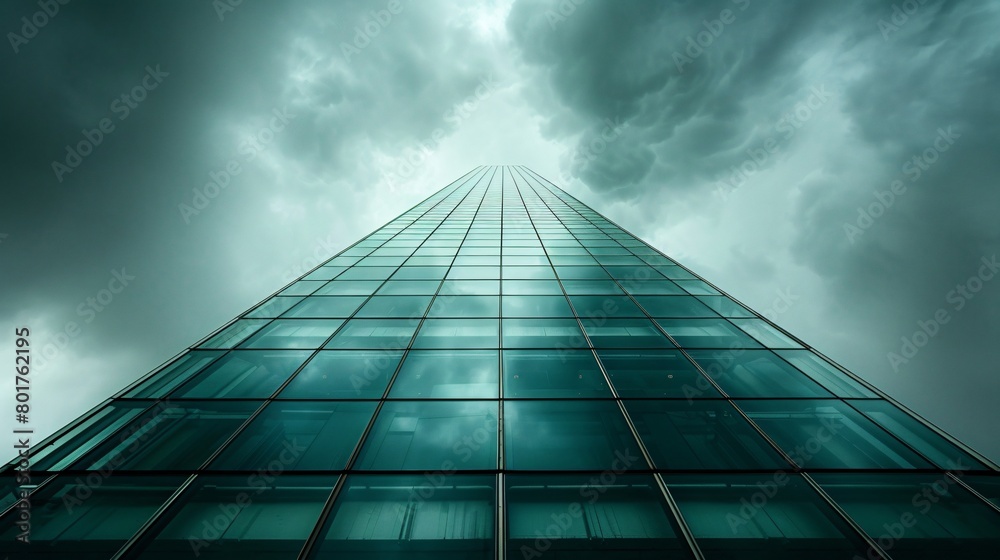 Reflective Glass Tower Piercing a Stormy Sky, Modern Architectural Marvel Reflective Glass Tower Piercing a Stormy Sky, Modern Architectural Marvel