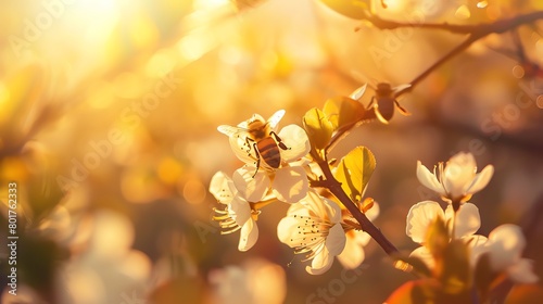 A bee pollinates a flower in a sunlit garden. photo